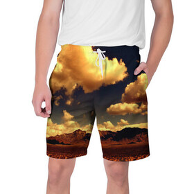 Мужские шорты 3D с принтом Mountains ,  полиэстер 100% | прямой крой, два кармана без застежек по бокам. Мягкая трикотажная резинка на поясе, внутри которой широкие завязки. Длина чуть выше колен | горы | небо | облака | природа | пустыня