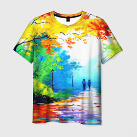 Мужская футболка 3D с принтом Прогулка , 100% полиэфир | прямой крой, круглый вырез горловины, длина до линии бедер | желтая листва | живопись | зелень | картина | осень | природа | рисунок | солнце
