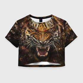 Женская футболка 3D укороченная с принтом Злобный Тигр , 100% полиэстер | круглая горловина, длина футболки до линии талии, рукава с отворотами | 