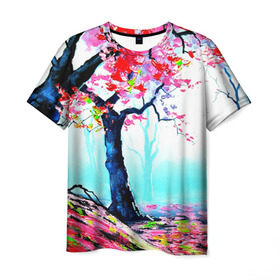Мужская футболка 3D с принтом Сакура , 100% полиэфир | прямой крой, круглый вырез горловины, длина до линии бедер | весна | живопись | сакура | япония