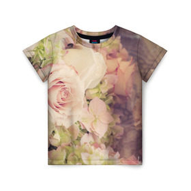 Детская футболка 3D с принтом Винтажные розы , 100% гипоаллергенный полиэфир | прямой крой, круглый вырез горловины, длина до линии бедер, чуть спущенное плечо, ткань немного тянется | vintage | винтаж | зелень | лето | пионы | розы | узоры | цветы
