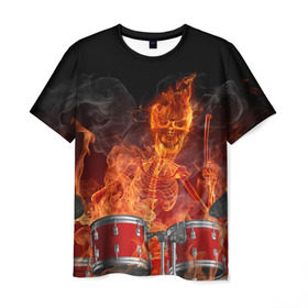 Мужская футболка 3D с принтом Огненный скелет , 100% полиэфир | прямой крой, круглый вырез горловины, длина до линии бедер | арт | дум | иллюзия | краска | лучи | огонь | пламя | прикольные | свет | текстуры