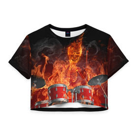 Женская футболка 3D укороченная с принтом Огненный скелет , 100% полиэстер | круглая горловина, длина футболки до линии талии, рукава с отворотами | арт | дум | иллюзия | краска | лучи | огонь | пламя | прикольные | свет | текстуры