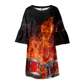 Детское платье 3D с принтом Огненный скелет , 100% полиэстер | прямой силуэт, чуть расширенный к низу. Круглая горловина, на рукавах — воланы | Тематика изображения на принте: арт | дум | иллюзия | краска | лучи | огонь | пламя | прикольные | свет | текстуры