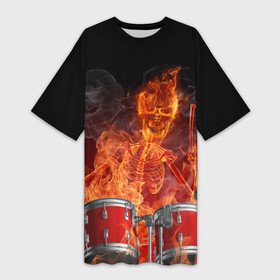 Платье-футболка 3D с принтом Огненный скелет ,  |  | арт | дум | иллюзия | краска | лучи | огонь | пламя | прикольные | свет | текстуры