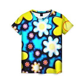 Женская футболка 3D с принтом Цветочный , 100% полиэфир ( синтетическое хлопкоподобное полотно) | прямой крой, круглый вырез горловины, длина до линии бедер | паттерн | фильтры | яркий