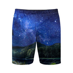 Мужские шорты 3D спортивные с принтом Звездная ночь ,  |  | Тематика изображения на принте: галактика | горы | звезды | космос | лес | ночь | озеро | сосны | тайга