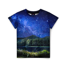 Детская футболка 3D с принтом Звездная ночь , 100% гипоаллергенный полиэфир | прямой крой, круглый вырез горловины, длина до линии бедер, чуть спущенное плечо, ткань немного тянется | Тематика изображения на принте: галактика | горы | звезды | космос | лес | ночь | озеро | сосны | тайга