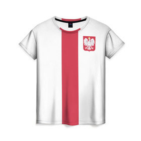 Женская футболка 3D с принтом Сборная Польша , 100% полиэфир ( синтетическое хлопкоподобное полотно) | прямой крой, круглый вырез горловины, длина до линии бедер | левандовски | футбол