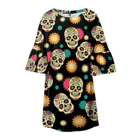 Детское платье 3D с принтом День мертвецов , 100% полиэстер | прямой силуэт, чуть расширенный к низу. Круглая горловина, на рукавах — воланы | color | day of the dead | dead | death | halloween | holiday | mexican skull | mexico | ornament | pattern | день мертвых | мексика | мексиканский череп | мертвецов | орнамент | праздник | узоры | хэллоуин | цветы
