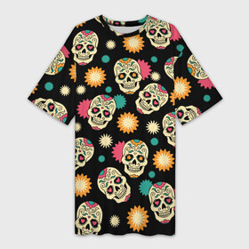 Платье-футболка 3D с принтом День мертвецов ,  |  | color | day of the dead | dead | death | halloween | holiday | mexican skull | mexico | ornament | pattern | день мертвых | мексика | мексиканский череп | мертвецов | орнамент | праздник | узоры | хэллоуин | цветы