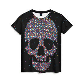 Женская футболка 3D с принтом Череп , 100% полиэфир ( синтетическое хлопкоподобное полотно) | прямой крой, круглый вырез горловины, длина до линии бедер | пиксельный | разноцветный | черный