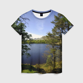 Женская футболка 3D с принтом сосны , 100% полиэфир ( синтетическое хлопкоподобное полотно) | прямой крой, круглый вырез горловины, длина до линии бедер | берег | горы | лес | море | озеро | океан | сосны | тайга