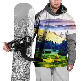 Накидка на куртку 3D с принтом Альпы , 100% полиэстер |  | горы | зелень | лето | природа | солнце | туман