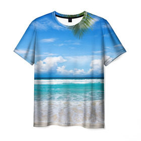 Мужская футболка 3D с принтом Карибский пляж , 100% полиэфир | прямой крой, круглый вырез горловины, длина до линии бедер | волны | лето | море | океан | отдых | пальма | пляж | солнце