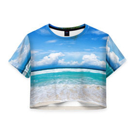 Женская футболка 3D укороченная с принтом Карибский пляж , 100% полиэстер | круглая горловина, длина футболки до линии талии, рукава с отворотами | волны | лето | море | океан | отдых | пальма | пляж | солнце