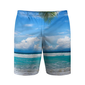Мужские шорты 3D спортивные с принтом Карибский пляж ,  |  | волны | лето | море | океан | отдых | пальма | пляж | солнце