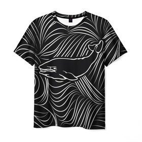 Мужская футболка 3D с принтом Кит в морской пучине , 100% полиэфир | прямой крой, круглый вырез горловины, длина до линии бедер | Тематика изображения на принте: арт | белый | волна | волны | кит | классно | круто | линия | море | рисунок | черный | черта