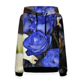 Женская толстовка 3D с принтом Синие розы , 100% полиэстер  | двухслойный капюшон со шнурком для регулировки, мягкие манжеты на рукавах и по низу толстовки, спереди карман-кенгуру с мягким внутренним слоем. | девушкам | розы | синие | цветы