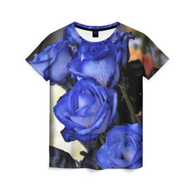 Женская футболка 3D с принтом Синие розы , 100% полиэфир ( синтетическое хлопкоподобное полотно) | прямой крой, круглый вырез горловины, длина до линии бедер | Тематика изображения на принте: девушкам | розы | синие | цветы