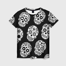 Женская футболка 3D с принтом Черепа , 100% полиэфир ( синтетическое хлопкоподобное полотно) | прямой крой, круглый вырез горловины, длина до линии бедер | день мертвых | мексика | паттерн | традция | узоры | цветы | черно белый | черный
