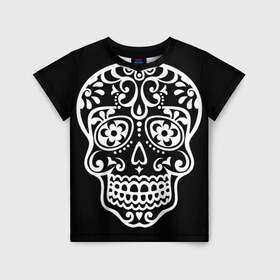 Детская футболка 3D с принтом Мексиканский череп , 100% гипоаллергенный полиэфир | прямой крой, круглый вырез горловины, длина до линии бедер, чуть спущенное плечо, ткань немного тянется | день мертвых | мексика | традция | узоры | цветы | черный