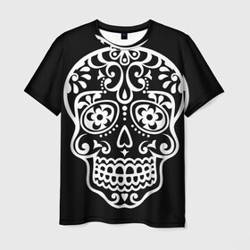 Мужская футболка 3D с принтом Мексиканский череп , 100% полиэфир | прямой крой, круглый вырез горловины, длина до линии бедер | день мертвых | мексика | традция | узоры | цветы | черный