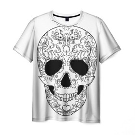 Мужская футболка 3D с принтом Мексиканский череп , 100% полиэфир | прямой крой, круглый вырез горловины, длина до линии бедер | белый | день мертвых | мексика | традция | узоры | цветы