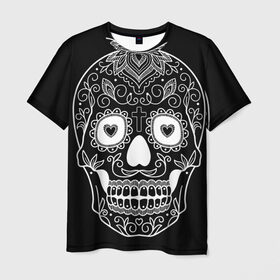 Мужская футболка 3D с принтом Мексиканский череп , 100% полиэфир | прямой крой, круглый вырез горловины, длина до линии бедер | 
