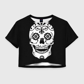 Женская футболка 3D укороченная с принтом Мексиканский череп , 100% полиэстер | круглая горловина, длина футболки до линии талии, рукава с отворотами | cobwebs | color | day of the dead | dead | death | eyes | girl | halloween | holiday | makeup | mask | mexican skull | mexico | ornament | pattern | взгляд | девушка | день мертвых | макияж | маска | мексика | мексиканский череп | мертвецов | орнамент | п
