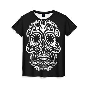 Женская футболка 3D с принтом Мексиканский череп , 100% полиэфир ( синтетическое хлопкоподобное полотно) | прямой крой, круглый вырез горловины, длина до линии бедер | color | dead | death | eyes | girl | halloween | holiday | makeup | mask | mexican skull | mexico | ornament | pattern | взгляд | девушка | день мертвых | макияж | маска | мексика | мексиканский череп | мертвецов | орнамент | паутина | праздник