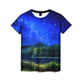 Женская футболка 3D с принтом Звездное небо , 100% полиэфир ( синтетическое хлопкоподобное полотно) | прямой крой, круглый вырез горловины, длина до линии бедер | звезда | небо | ночь | озеро