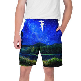 Мужские шорты 3D с принтом Звездное небо ,  полиэстер 100% | прямой крой, два кармана без застежек по бокам. Мягкая трикотажная резинка на поясе, внутри которой широкие завязки. Длина чуть выше колен | звезда | небо | ночь | озеро