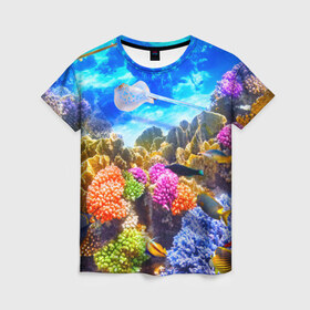 Женская футболка 3D с принтом Подводный мир , 100% полиэфир ( синтетическое хлопкоподобное полотно) | прямой крой, круглый вырез горловины, длина до линии бедер | вода | коралл | океан | рыбки | синяя