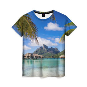 Женская футболка 3D с принтом Бора-Бора , 100% полиэфир ( синтетическое хлопкоподобное полотно) | прямой крой, круглый вырез горловины, длина до линии бедер | архипелаг | блаженство | бора бора | бунгало | жемчужина тихого океана | загар | каникулы | море | океан | остров | отдых | отпуск | пальмы | песок | пляж | рай | сказка | солнце | таити | туризм