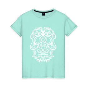 Женская футболка хлопок с принтом Мексиканский череп , 100% хлопок | прямой крой, круглый вырез горловины, длина до линии бедер, слегка спущенное плечо | mexi | день мертвых | мексика | мексиканский череп | мертвецов | орнамент | праздник | узоры | цветы