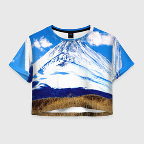 Женская футболка 3D укороченная с принтом Фудзияма , 100% полиэстер | круглая горловина, длина футболки до линии талии, рукава с отворотами | горы | пейзаж | фудзи
