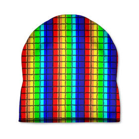 Шапка 3D с принтом Радуга (Полосы в мозайку) , 100% полиэстер | универсальный размер, печать по всей поверхности изделия | Тематика изображения на принте: вертикальные | жёлтый | зелёный | красный | оранжевый | полосы | радуга | синий | фиолетовый