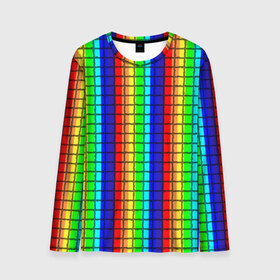 Мужской лонгслив 3D с принтом Радуга (Полосы в мозайку) , 100% полиэстер | длинные рукава, круглый вырез горловины, полуприлегающий силуэт | вертикальные | жёлтый | зелёный | красный | оранжевый | полосы | радуга | синий | фиолетовый
