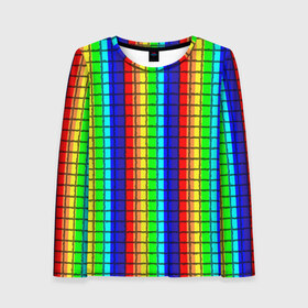 Женский лонгслив 3D с принтом Радуга (Полосы в мозайку) , 100% полиэстер | длинные рукава, круглый вырез горловины, полуприлегающий силуэт | вертикальные | жёлтый | зелёный | красный | оранжевый | полосы | радуга | синий | фиолетовый