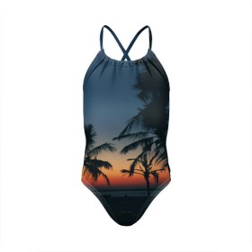 Детский купальник 3D с принтом Пальмы , Полиэстер 85%, Спандекс 15% | Слитный крой, подклад по переду изделия, узкие бретели | sea | summer | берег | лето | море | океан | отдых | пальмы | пляж | солнце