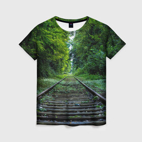 Женская футболка 3D с принтом Лес , 100% полиэфир ( синтетическое хлопкоподобное полотно) | прямой крой, круглый вырез горловины, длина до линии бедер | forest | деревья | дорога | зелень | лес | рельсы | сосны | тайга