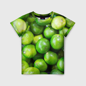 Детская футболка 3D с принтом Лаймы , 100% гипоаллергенный полиэфир | прямой крой, круглый вырез горловины, длина до линии бедер, чуть спущенное плечо, ткань немного тянется | Тематика изображения на принте: зелень | лаймы | лето | лимоны | солнце | текстура | фрукты