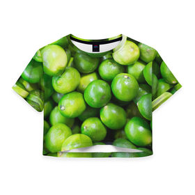 Женская футболка 3D укороченная с принтом Лаймы , 100% полиэстер | круглая горловина, длина футболки до линии талии, рукава с отворотами | зелень | лаймы | лето | лимоны | солнце | текстура | фрукты