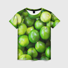Женская футболка 3D с принтом Лаймы , 100% полиэфир ( синтетическое хлопкоподобное полотно) | прямой крой, круглый вырез горловины, длина до линии бедер | зелень | лаймы | лето | лимоны | солнце | текстура | фрукты