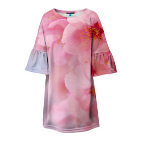 Детское платье 3D с принтом Сакура , 100% полиэстер | прямой силуэт, чуть расширенный к низу. Круглая горловина, на рукавах — воланы | Тематика изображения на принте: весна | вишня | розовый | цветение | цветы | япония