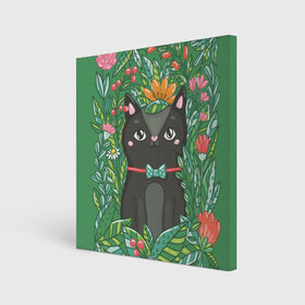 Холст квадратный с принтом Кошка в цветах , 100% ПВХ |  | киса | коты | кошки | цветы