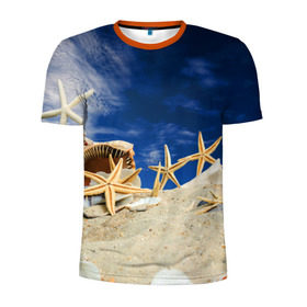 Мужская футболка 3D спортивная с принтом Морской пляж 1 , 100% полиэстер с улучшенными характеристиками | приталенный силуэт, круглая горловина, широкие плечи, сужается к линии бедра | Тематика изображения на принте: море | отдых | отпуск | пляж | ракушки | туризм