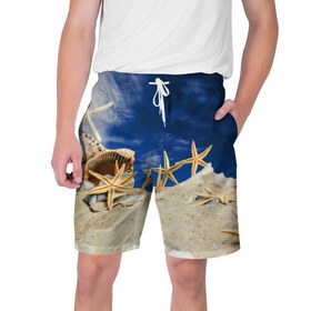 Мужские шорты 3D с принтом Морской пляж 1 ,  полиэстер 100% | прямой крой, два кармана без застежек по бокам. Мягкая трикотажная резинка на поясе, внутри которой широкие завязки. Длина чуть выше колен | море | отдых | отпуск | пляж | ракушки | туризм
