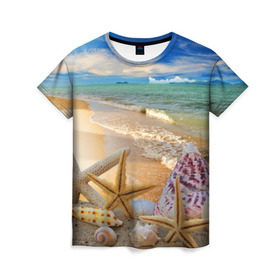 Женская футболка 3D с принтом Морской пляж 2 , 100% полиэфир ( синтетическое хлопкоподобное полотно) | прямой крой, круглый вырез горловины, длина до линии бедер | море | отдых | отпуск | пляж | ракушки | туризм